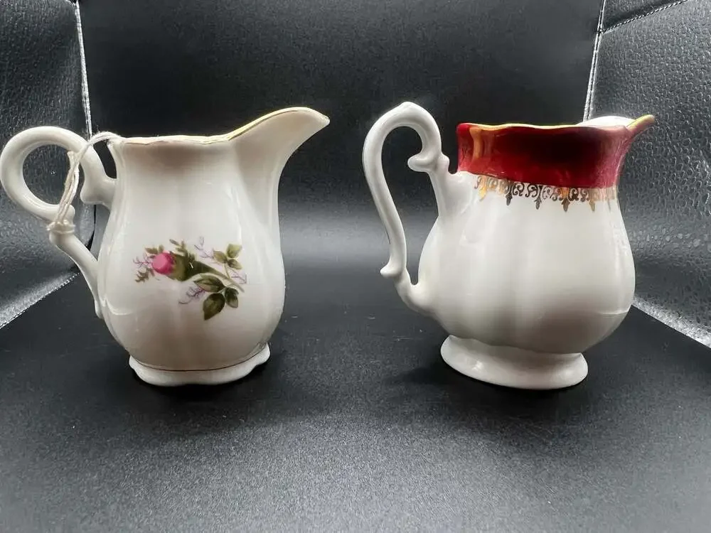 Vintage Japanese Porcelain Floral and Red-Gold Trim Creamer Pitchers (Set of 2)
